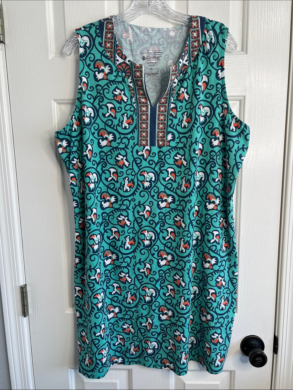 Coolibar Oceanside tank dress upf protection teal navy orange abstract floral XL